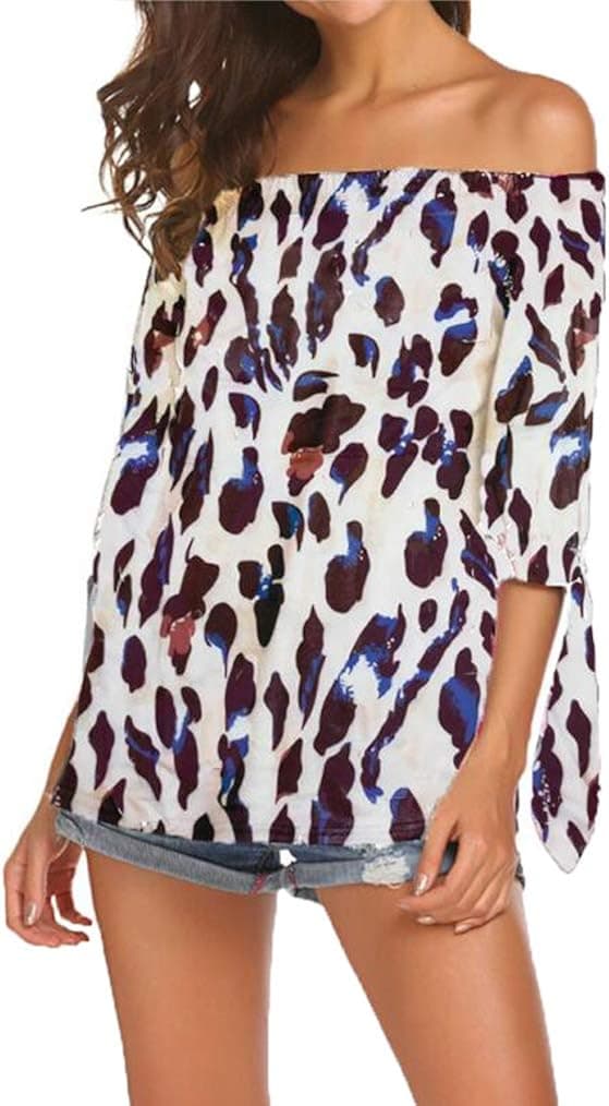 3/4 Sleeve Tops Women Strapless Leopard Print Shirts(10 Leopard 2, XL)