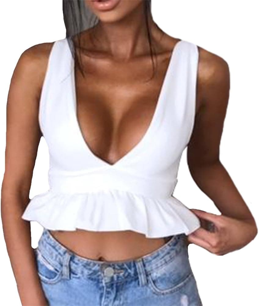 Antopmen Women Summer Deep V Neck Sleeveless Hem Ruffles Crop Tops