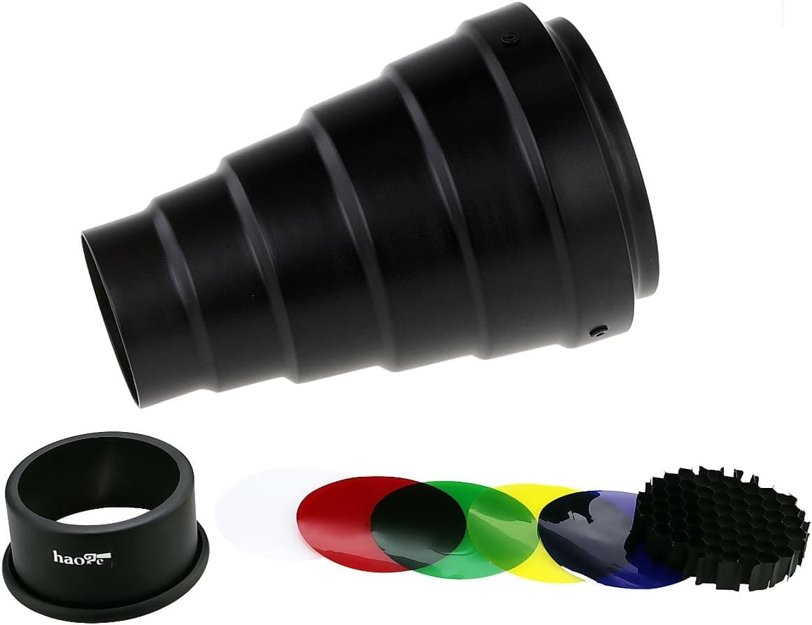 Haoge Metal Conical Snoot with Honeycomb Grid and Color Gel Filter Kit for Balcar Paul C Buff AlienBees Alien Bees Einstein White Lightning Studio Strobe Monolight Photography Flash Light