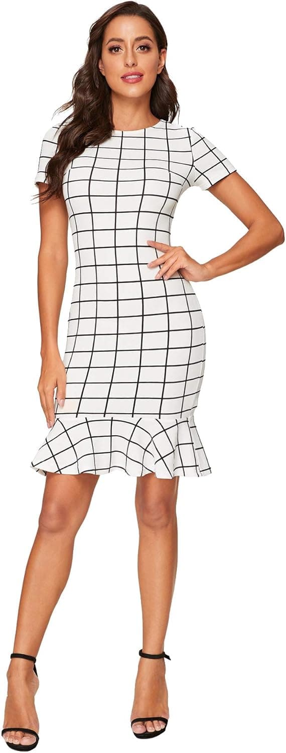 Floerns Women's Short Sleeve Plaid Bodycon Pencil Knee Length Fishtail Dress White L