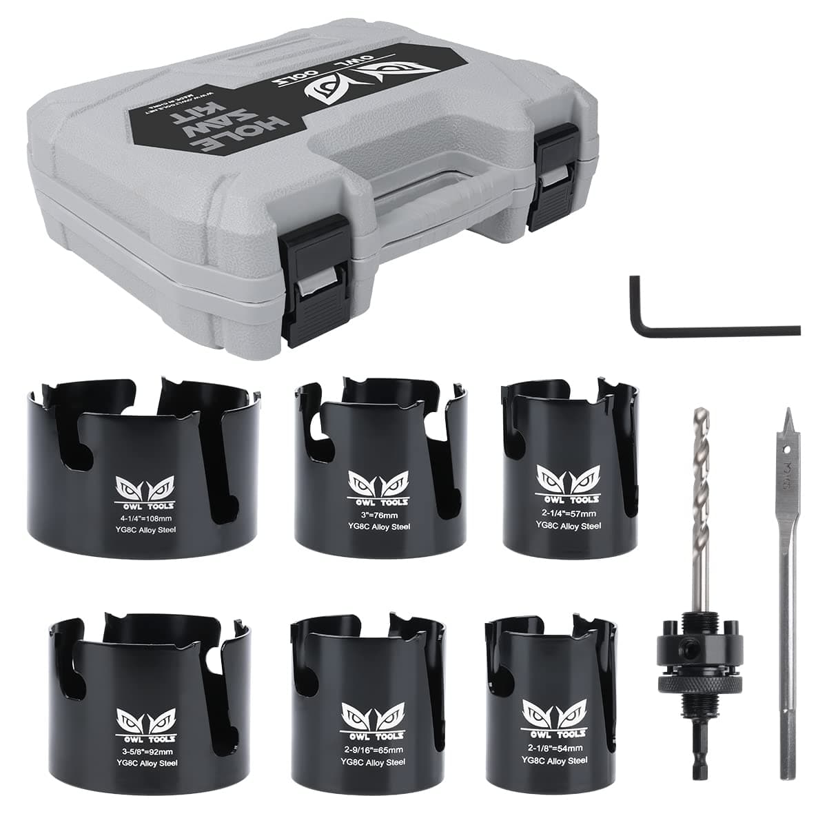 Large Carbide Toothed Hole Saw Kit For Metal and Wood (Industrial Grade 9 Piece Set - Last 50x Longer than Bi-Metal) Hole Saws Sizes: 2-1/8", 2-1/4", 2-9/16", 3", 3-5/8", 4-1/4" - Perfect for Nail Embedded Wood, Hard Metals, Cement Board, Plaster, Stucco & More!