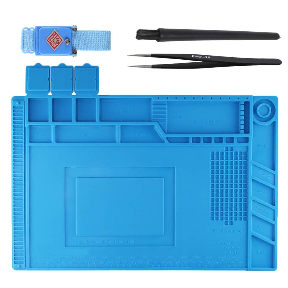 Heat Insulation Repair Mat, Silicone Working Mat Magnetic Electronics Work Mat Soldering Mat with 3 Repair Tools Anti-Static Wrist, Tweezers and Brush 932°F Heat-resistant 17.72×11.81 inch (Blue)