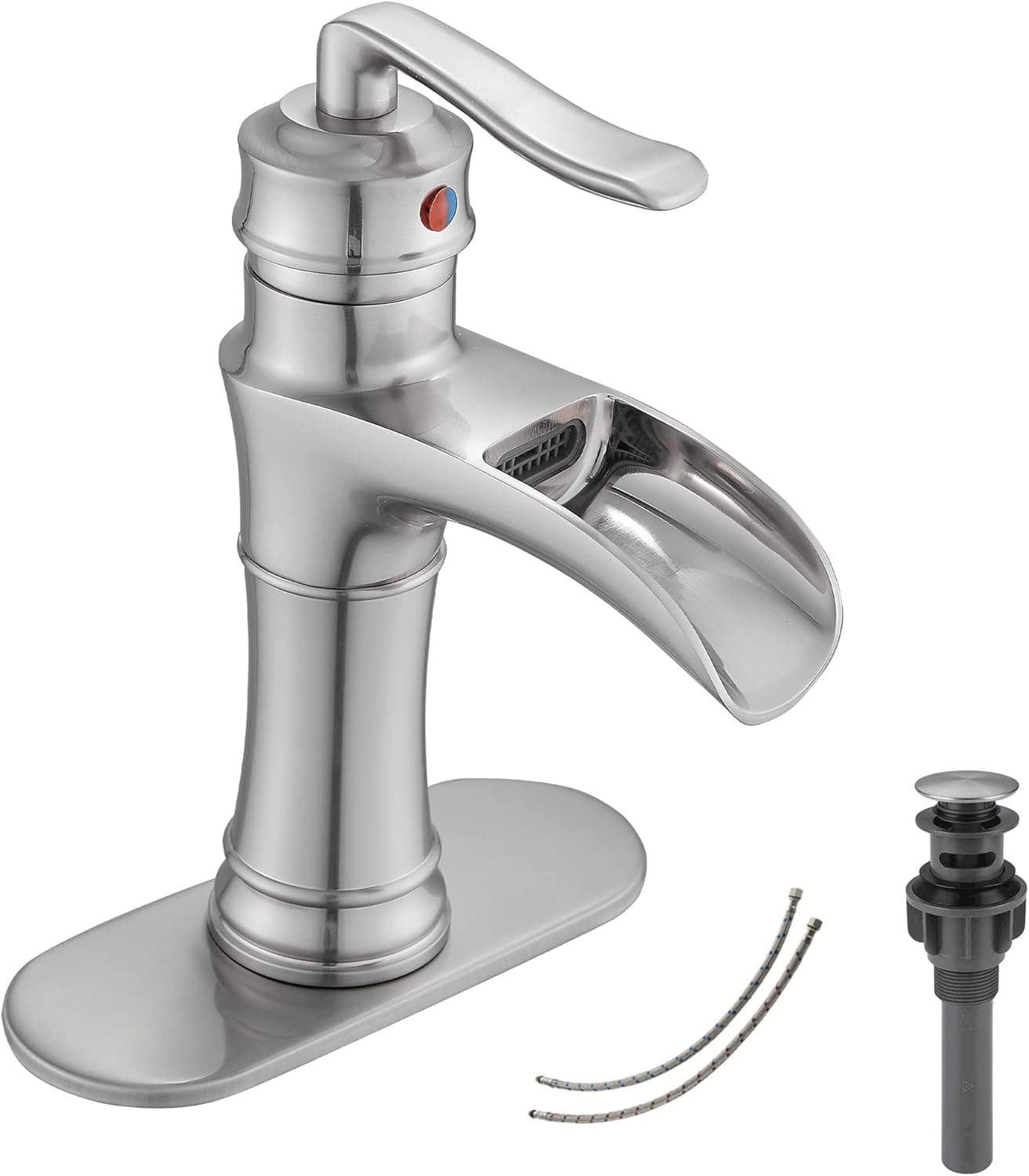 Waterfall Bathroom Faucet Brushed Nickel GGStudy Single Handle 1 Hole Farmhouse Bathroom Vanity Faucet Basin Mixter Tap Deck Mount with Drain Assembly