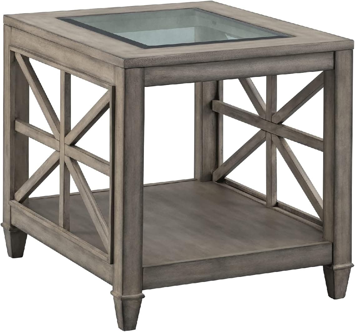 BAXMUY Solid Wood End Tables, Tempered Glass Top End Tables Living Room,28" x 24"Desktop End Table, End Tables Bedroom Grey Wash