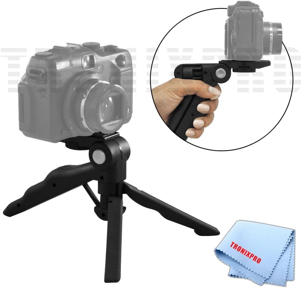 Adjustable Tabletop Camera Tripod/Steady-Shot Hand Grip, 6.5” inches (Black) for Canon, Nikon, Panasonic, JVC, Pentax, Sony, Fujilim, Olympus and many more Cameras & Camcorders + Tronix Microfiber Cloth