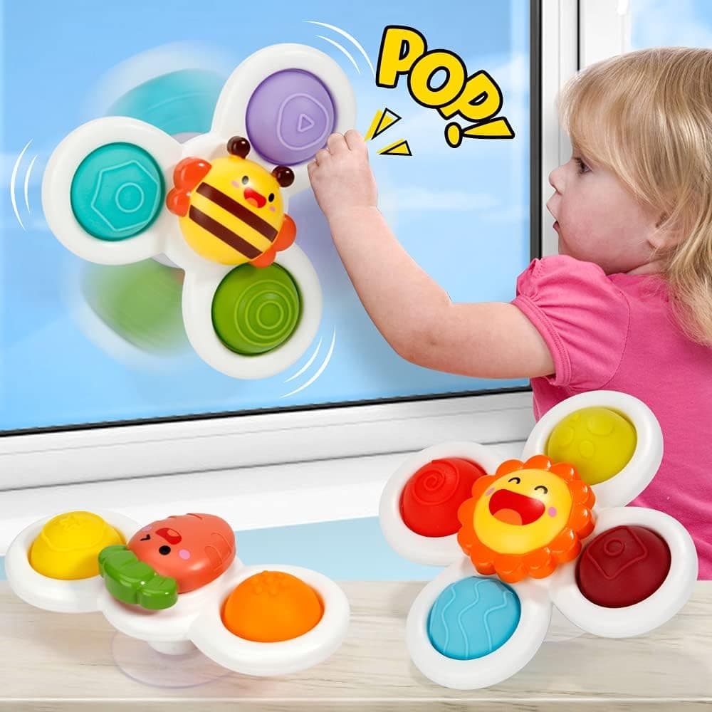 3Pcs Suction Cup Spinner Toys,Baby Spinners Toy w/Pop Function,Push Pop Bubble Sensory Rotating Fun,Ideal Bathing, Anxiety, Dining, Sensory Toy for Girls Boys