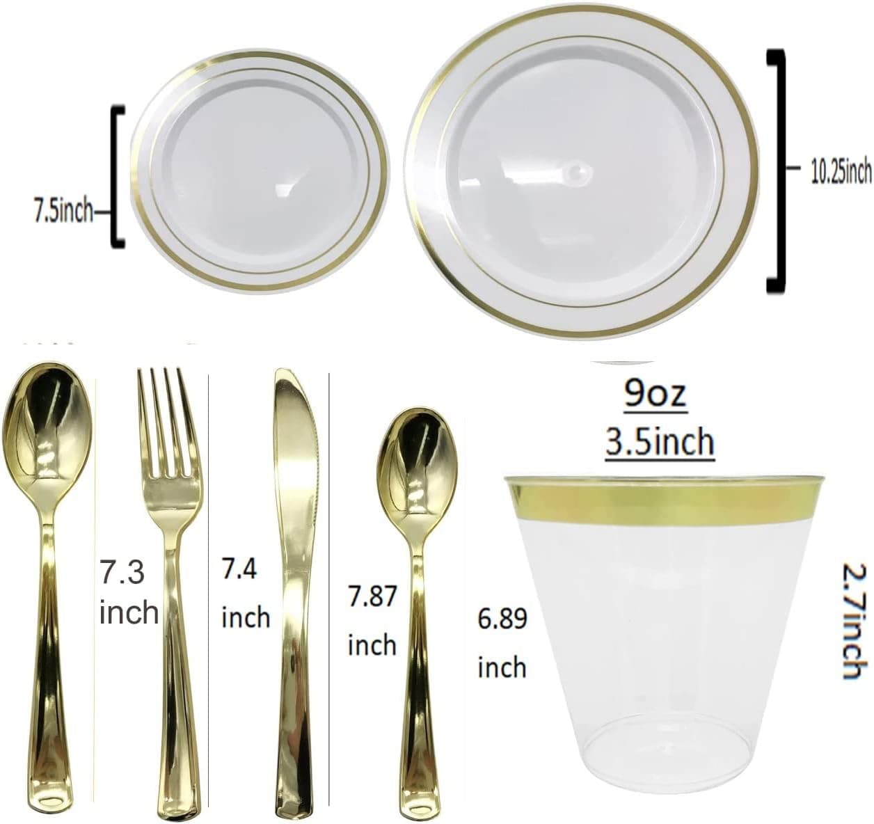 175 Pieces, Dinnerware Set Dishes for Service of 25 Guest, Gold Rimmed, Round Shaped - Sets of Plastic Plates, Spoons & Gold Rimmed Tumblers.