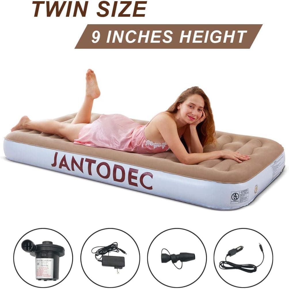 JANTODEC Camping Air Mattress with Electric Pump Inflatable Airbed Blow up Bed with Storage Bag DC/AC Adapter Air Bed for Office air Mattress for Kid (Brown-Twin Size)