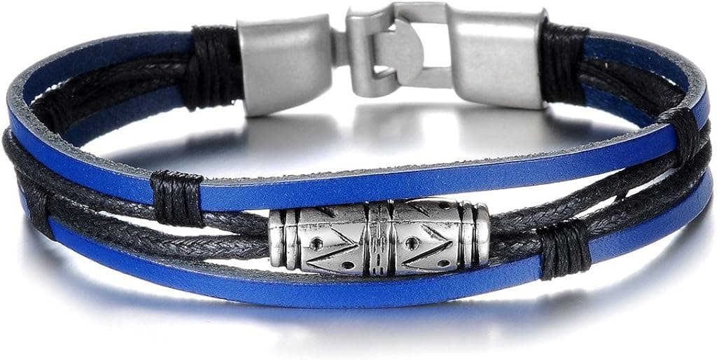 TRUSUPER Fashion Jewelry Multilayer Braided Rope,Anchor Clasp Black Blue Genuine Leathe Bracelet Bangle