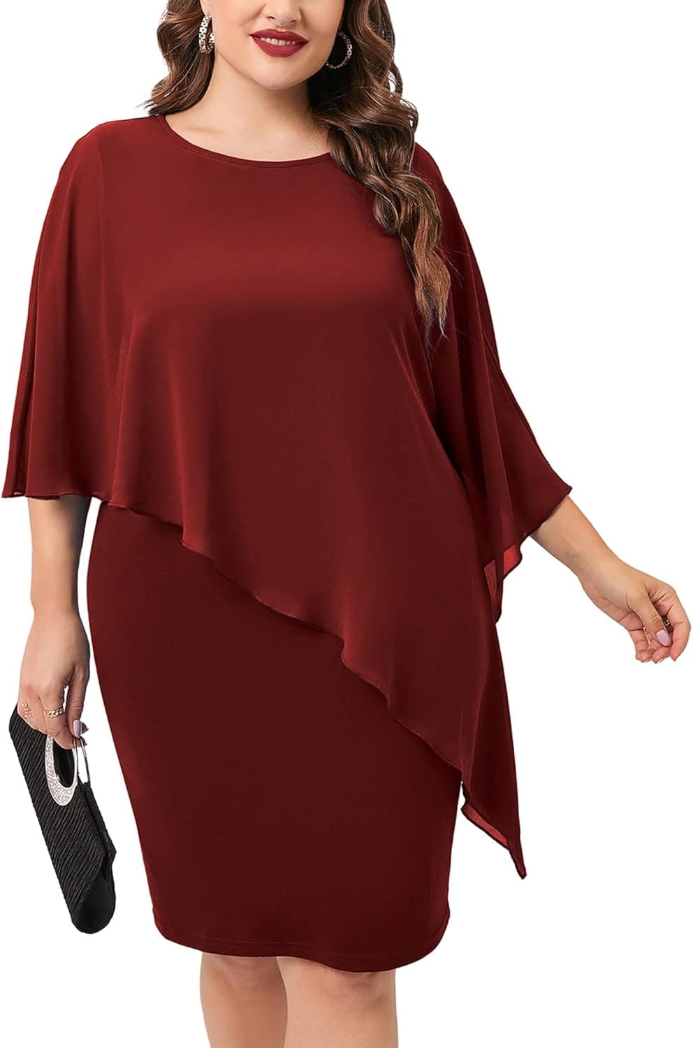 AusLook Women's Plus Size Summer Dresses Crewneck Capelet Sleeve Chiffon Overlay Party Pencil Dress 1X-4X