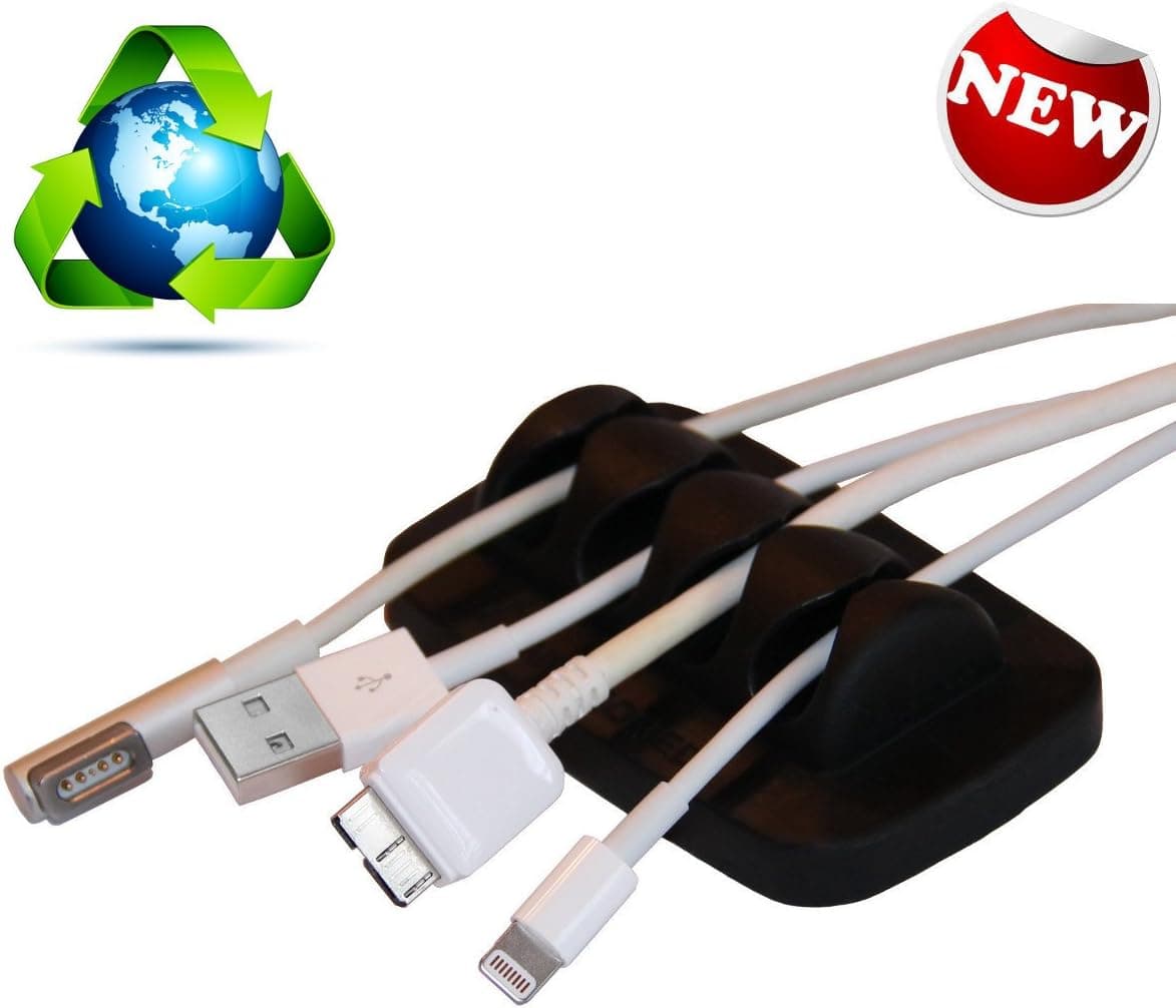 Desktop Cable Organizer, Weighted, Eco-Friendly Silicone, No Bad Smell, Bundled with 2 Reusable Cable Ties - 2 Pack (Black)