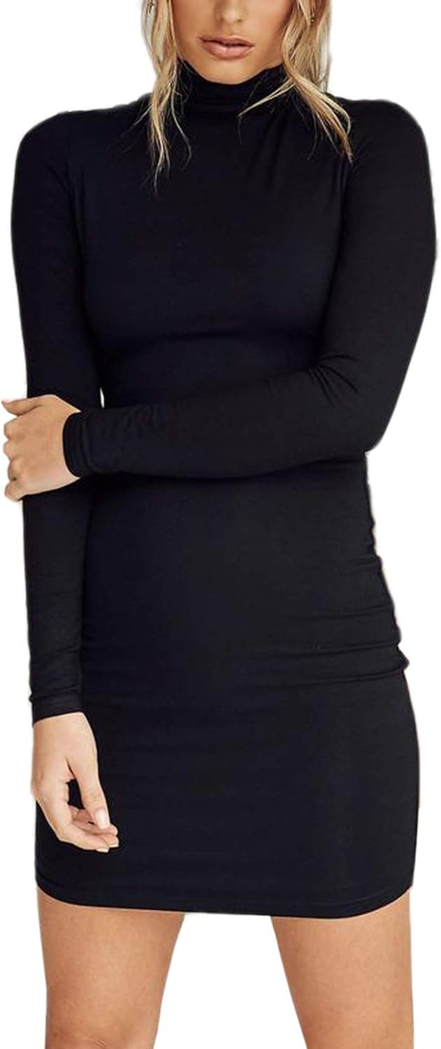 Just Quella Women's Long Sleeve Turtleneck Bodycon Mini Dress Thicken Soft Warm T-Shirt Dress