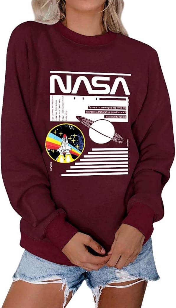 ZXH Women NASA Long Sleeve Shirt NASA Shirt Pullover Graphic Shirt Women Tops