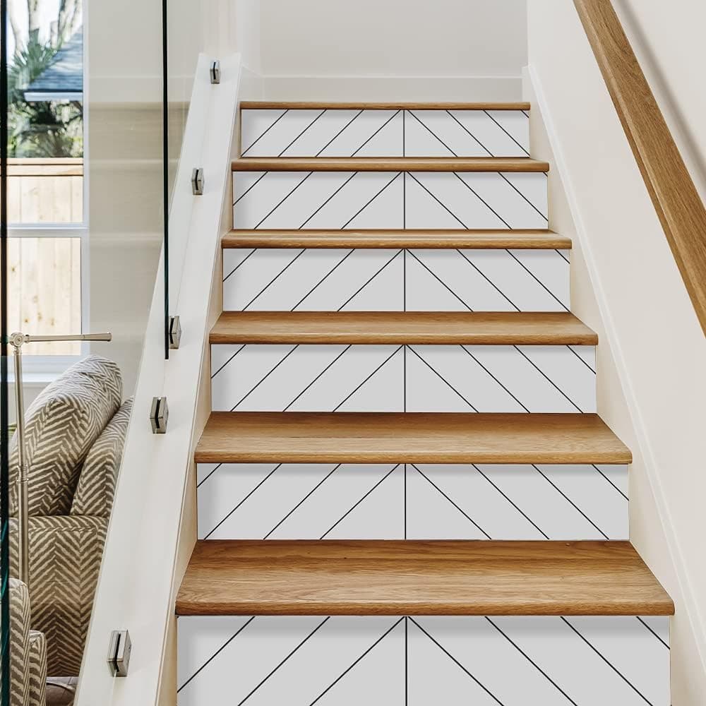 funlife 15Pcs Scandinavian Style PVC Stair Sticker, Peel and Stick Staircase Decals, Self-Adhesive Waterproof Stair Riser Stickers, 39.37"x7.09" White Herringbone