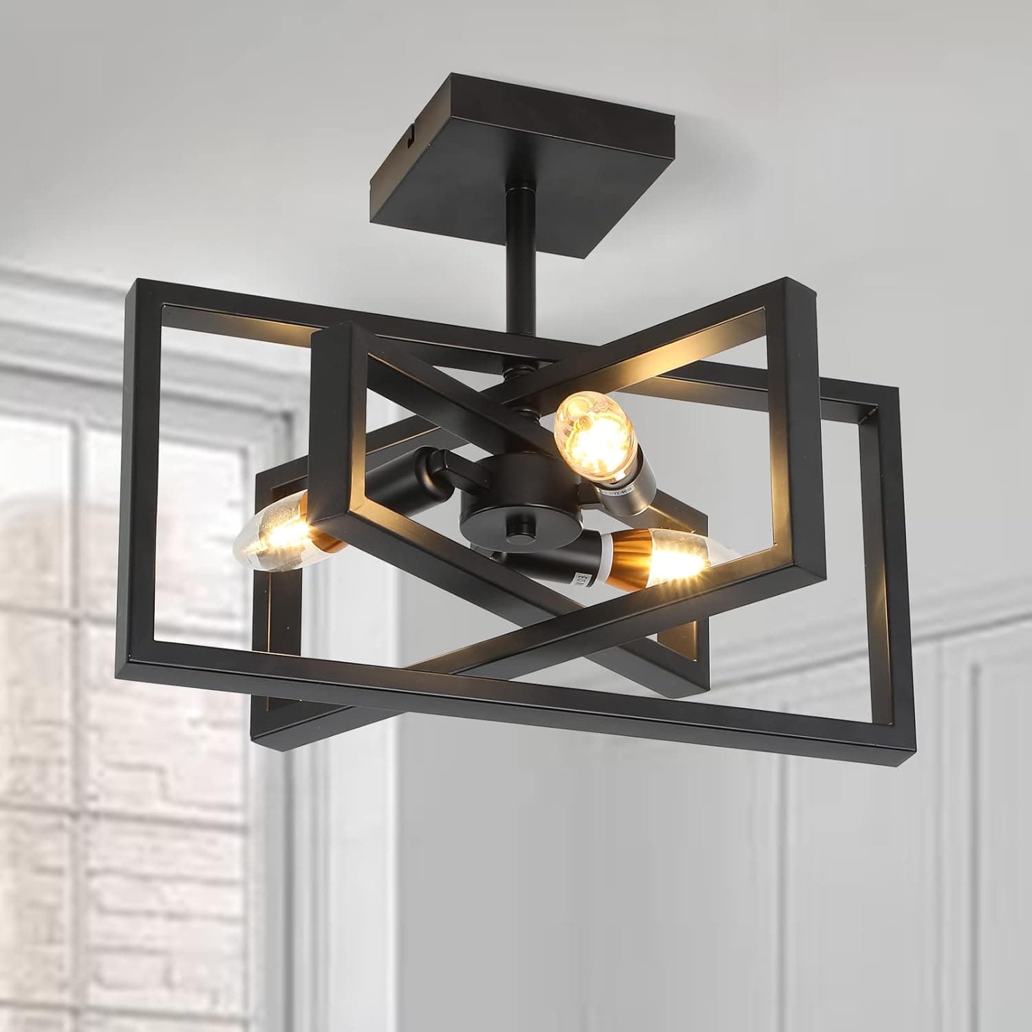 Axamate Farmhouse Light Fixtures Black Lantern Chandelier Industrial Semi Flush Mount Ceiling Light Rectangular Chandeliers for Kitchen Foyer Laundry Bedroom Dinning Room