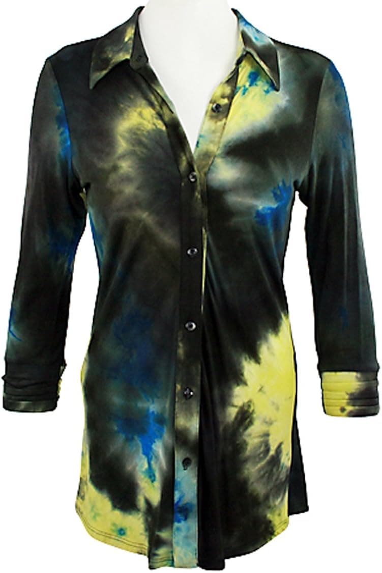 Boho Chic - Sun Spots, Layered Cuff Long Sleeve, Button Front Tie Dye Tunic Top