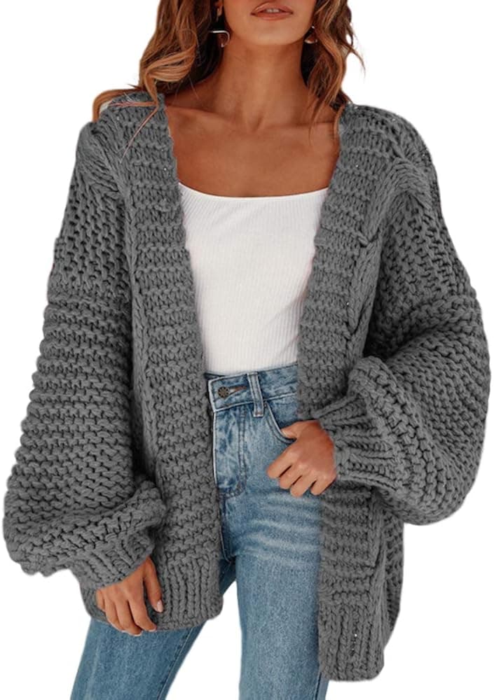 Cicy Bell Women's Open Front Chunky Knit Cardigan Loose Lantern Sleeve Oversized Sweater Coats