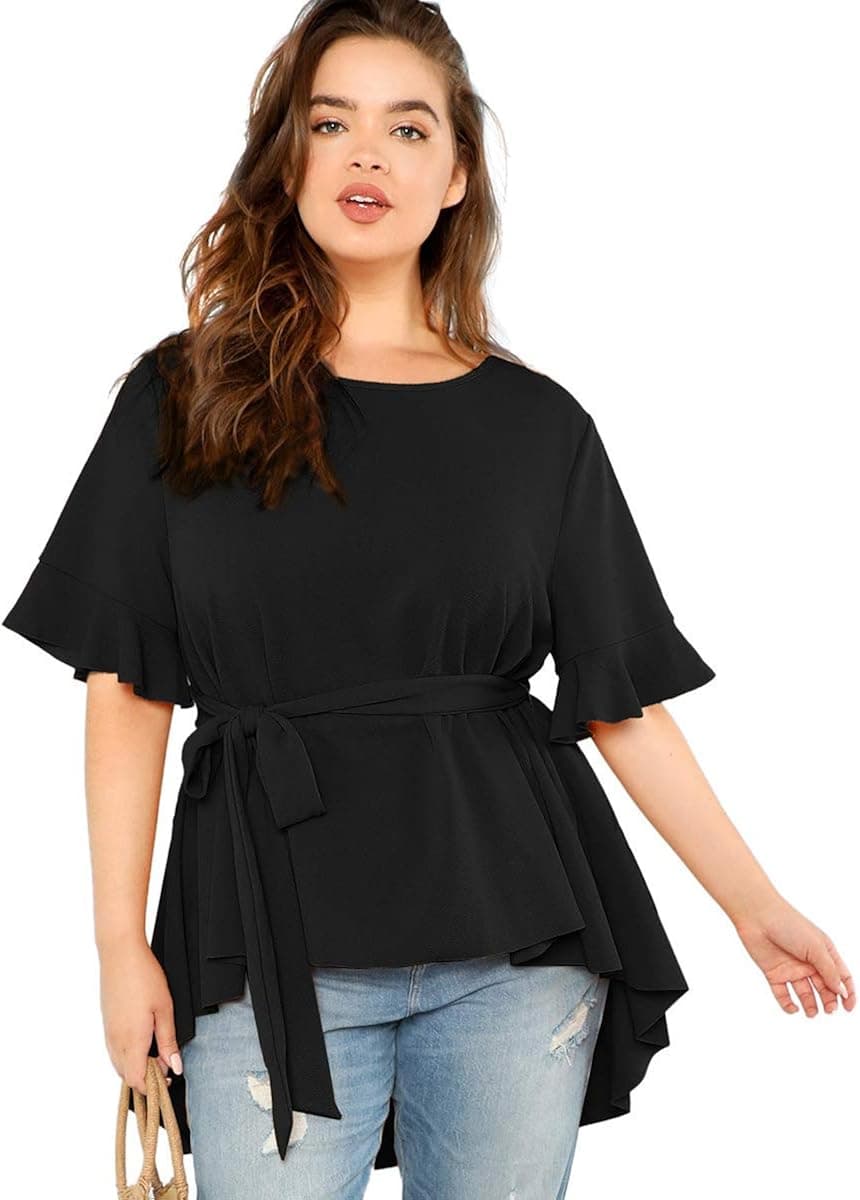 Romwe Women's Plus Size Raw Hem Ruffle Short Sleeve Belted Flare Peplum Blouse Top