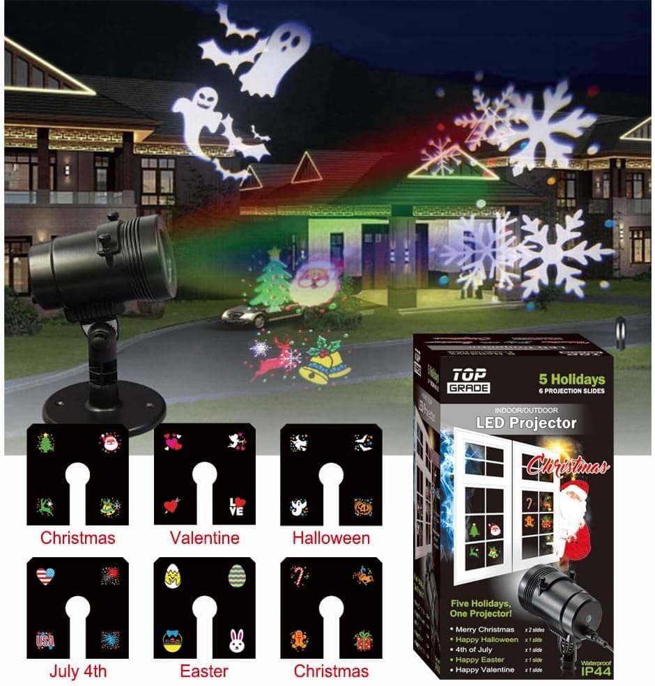 LED Christmas Projector Lights - 6 Holidays, One Projector - 2 Interchangeable Christmas Slides Plus Bonus Slides for Halloween, Valentine's Day, Easter & 4th of July - Festive & Fun - Indoor/Outdoor