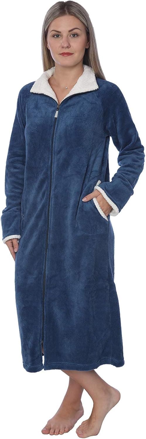 Women's Plush Robe Soft Warm Fleece Zip-Up Bathrobe Sherpa Lined Collar
