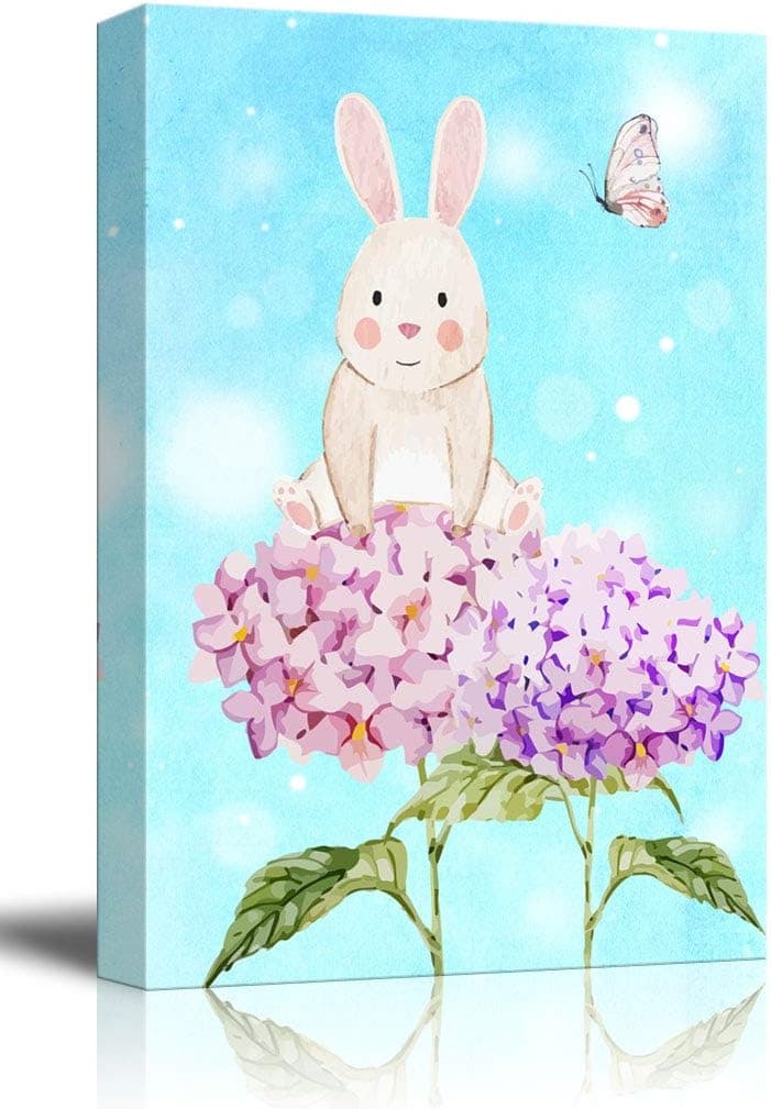 wall26 - Canvas Wall Art - Hand Drawn Cartoon Rabbit and Butterfly with Flower - Giclee Print Kid's Room/Nursery Art Ready to Hang - 24x36 inches