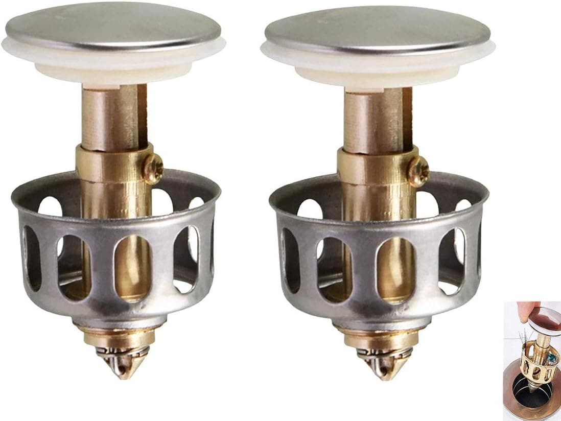 Universal Wash Basin Bounce Drain Filter, No Overflow Pop Up Bathroom Sink Drain Plug with Basket,Pop Up Kitchen Sink Drain Strainer (2PCS)
