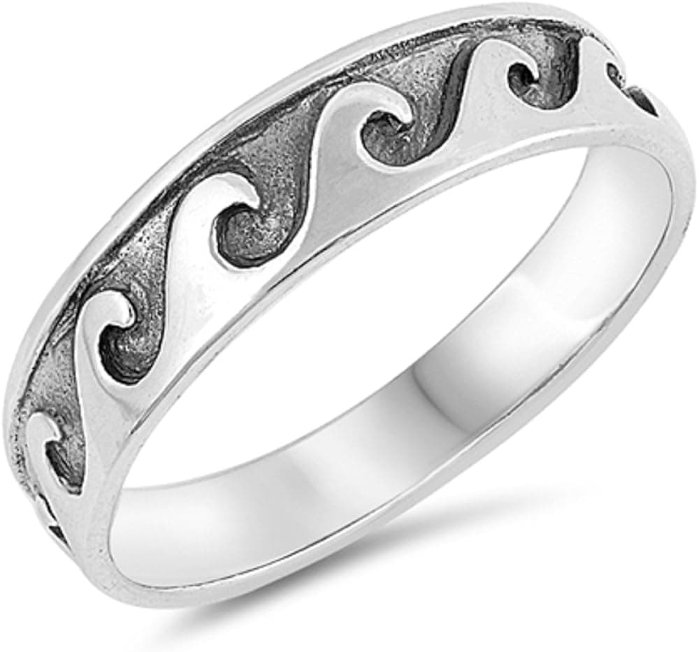 CloseoutWarehouse 925 Sterling Silver Oxidized Engraved Ocean Waves Band Ring