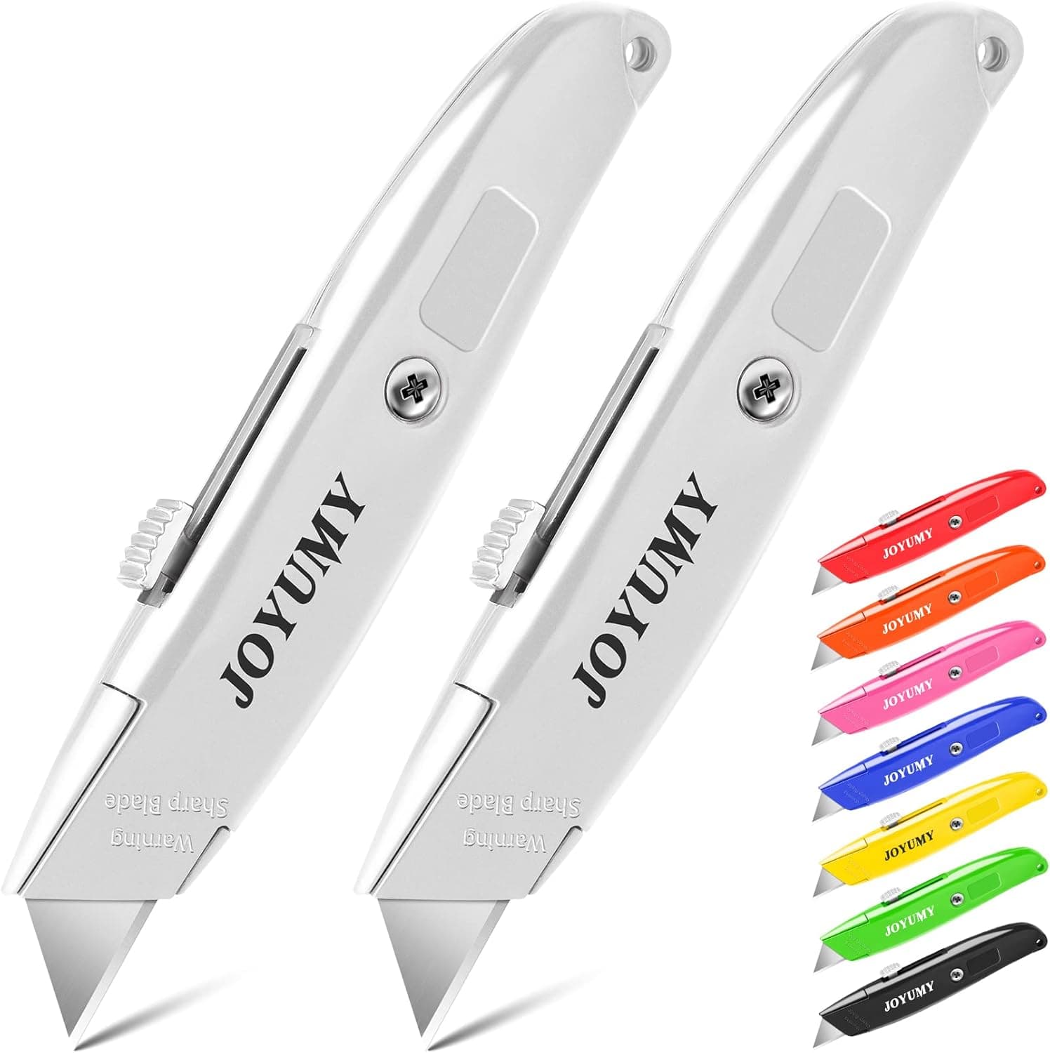 JOYUMY 2 Pack Box Cutter Practical Utility Knife Retractable, Ergonomic Razor Knife, Box Cutters for Warehouse, Office, Exacto Knife Box Opener for Package, Cardboard Cutter Box Knife (Silver)
