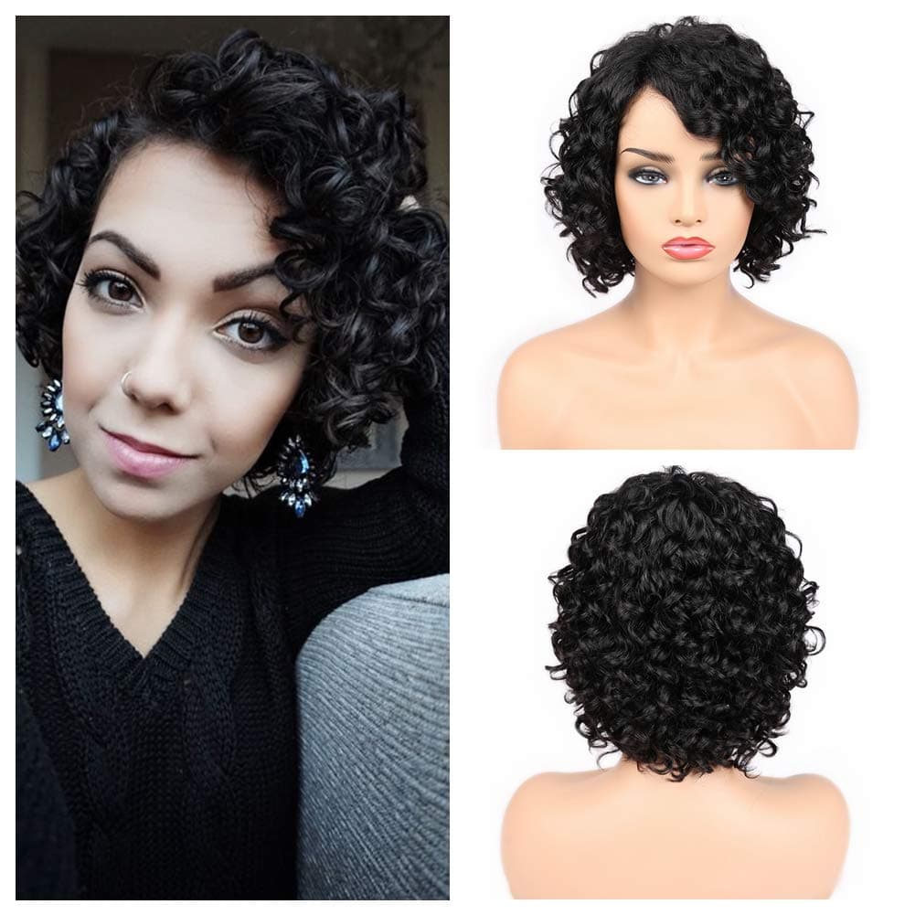 Quantum Love Curly Human Hair Wigs Lace Part Brazilian Virgin Human Hair Wigs Glueless Side Part Short Natural Color Wig for Women