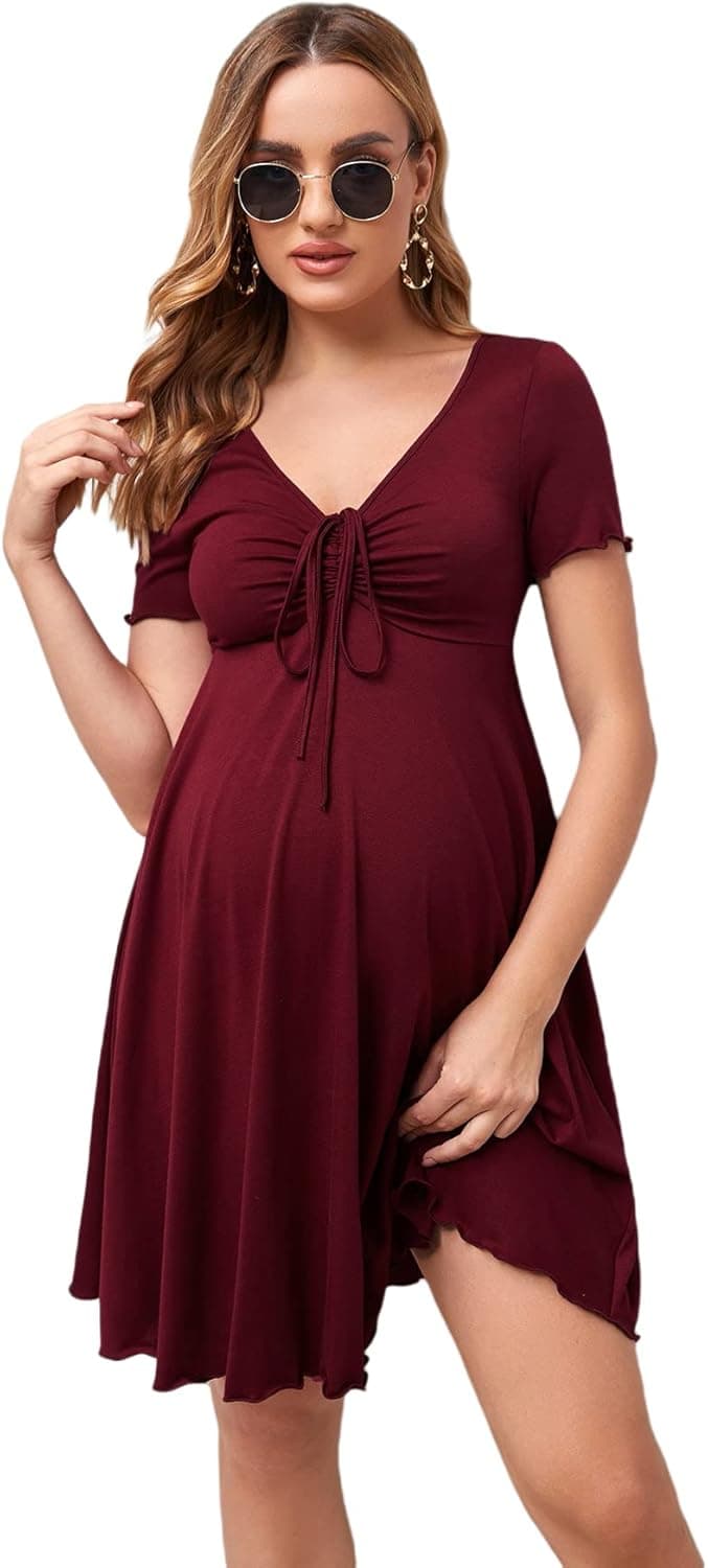 OYOANGLE Women's Maternity Short Sleeve V Neck Ruched Flowy Short Dress Pregnancy Dress