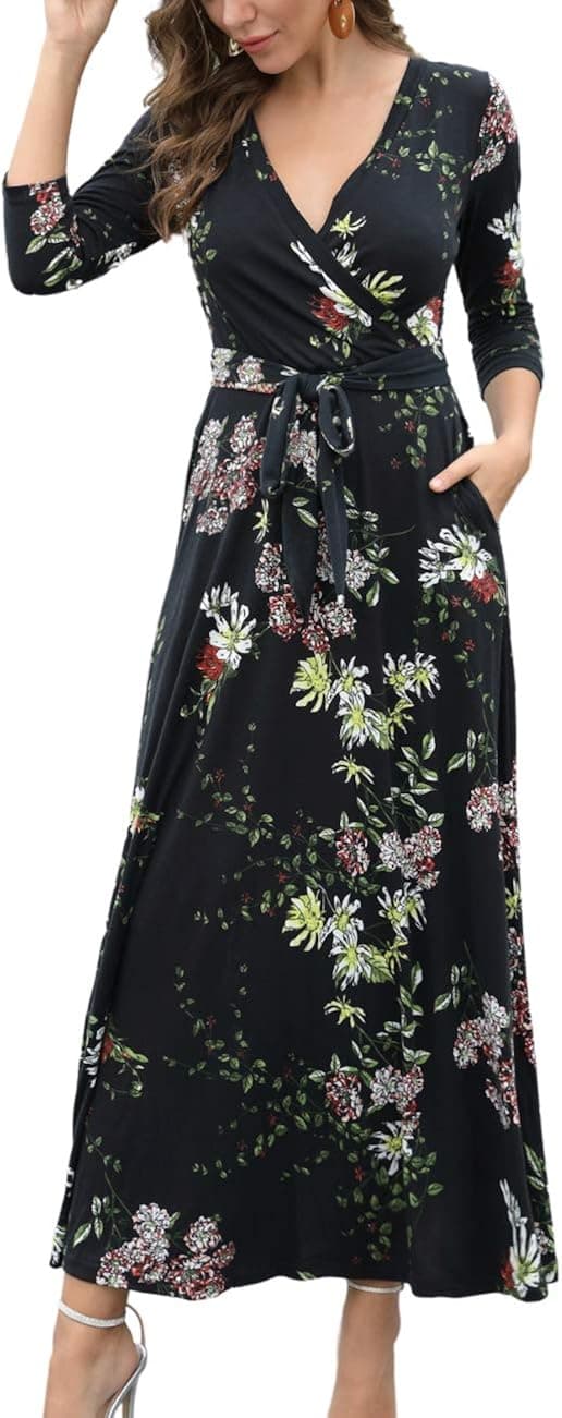 Aphratti Womens 3/4 Sleeve Faux Wrap Casual Fall Long Maxi Dress with Pockets