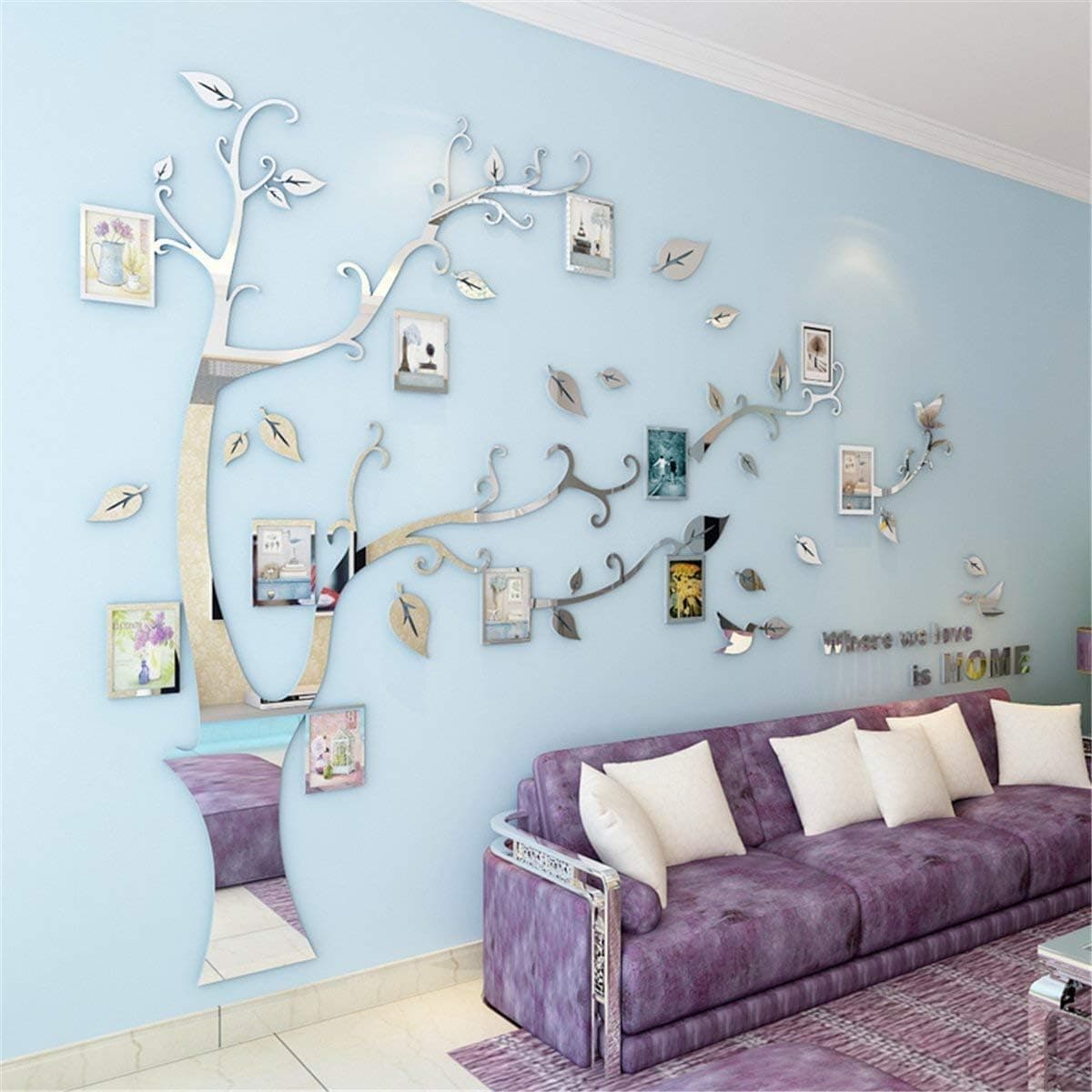 Kenmont Large Family Tree Wall Decals 3D DIY Photo Frame Wall Stickers Crystal Acrylic Mural for Living Room Sofa TV Art Wall Background(Silver-XL-Left)