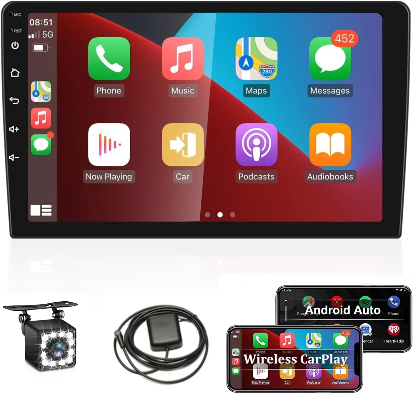 UNITOPSCI 10.1 Inch Android Car Stereo Double Din Wireless Apple CarPlay, Wireless Android Auto, Touchscreen GPS Navigation Bluetooth HiFi FM Car Radio WiFi Multimedia Player USB with Backup Camera
