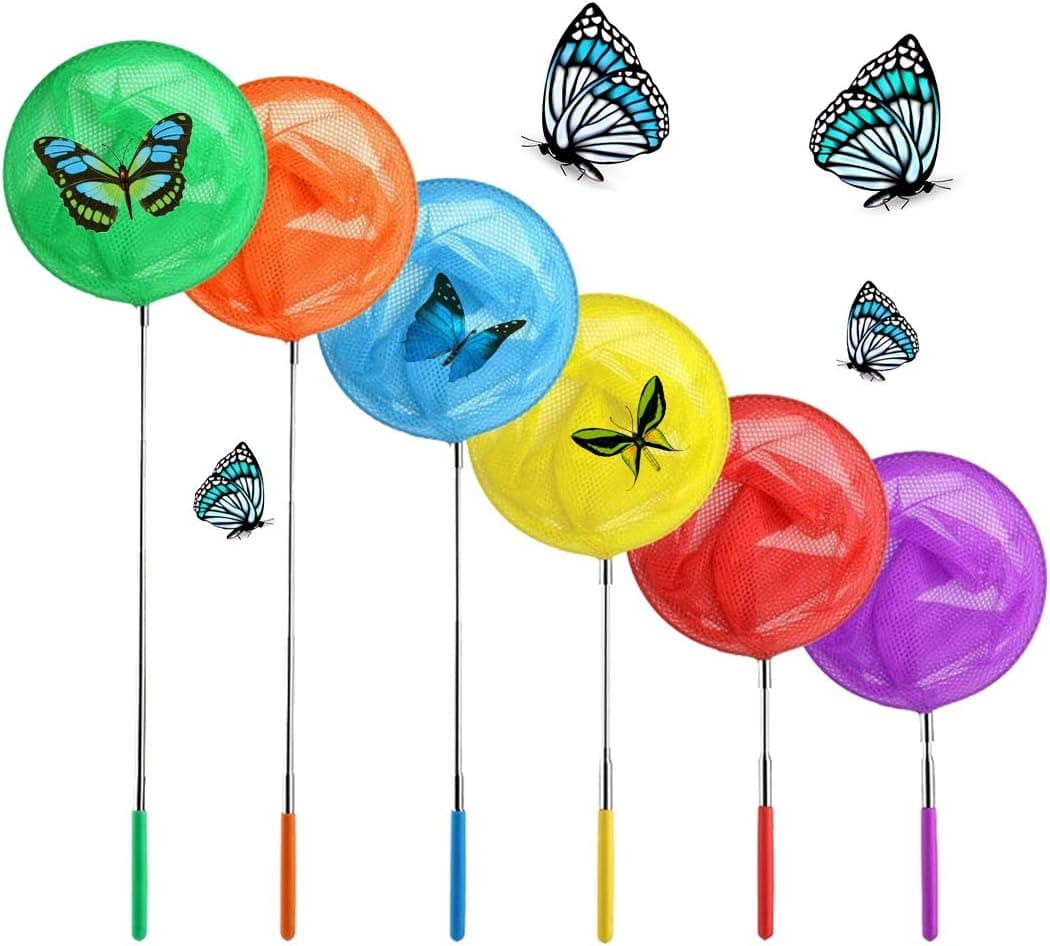 Meirrnyyu 6 Pack Colored Telescopic Butterfly Nets,Bug Insect Catching Net - Great for Catching Insects and Small Fish - MOutdoor Toy for Kids Playing - 15" - 34"