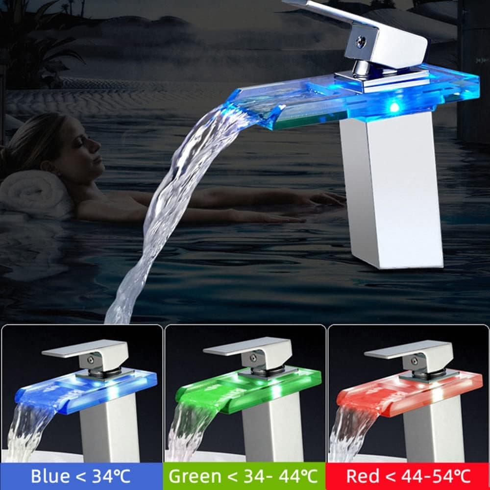 Bathroom Sink LED Waterfall Faucet 3 Colors Changing Temperature Control Light Mixer Polished Chrome Tap