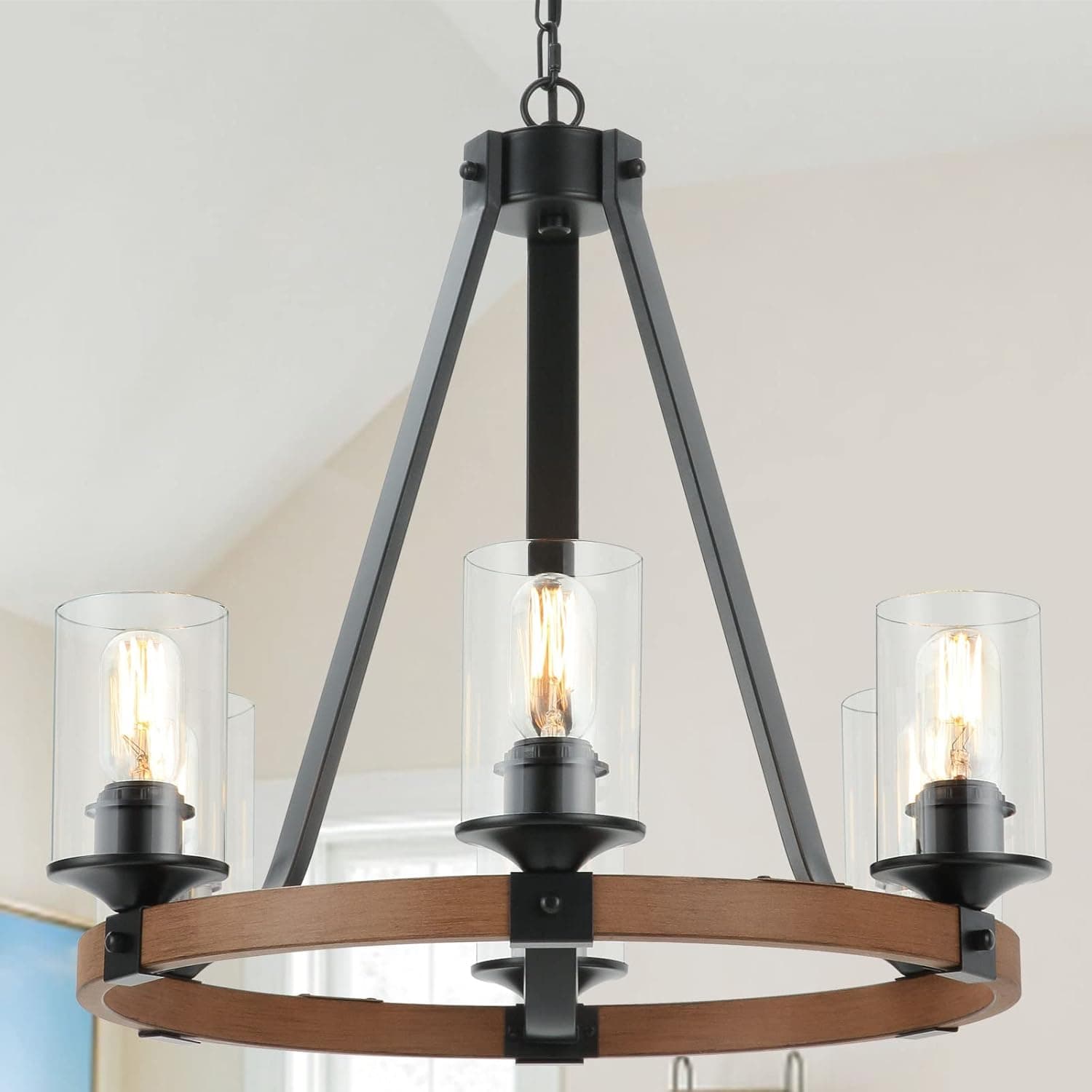 Derksic 6-Light Wagon Wheel Chandelier 23" Farmhouse Chandelier with Clear Glass Shade Rustic Round Chandelier for Dining Room Living Room Bedroom Kitchen Island Foyer, Wood Painted Metal