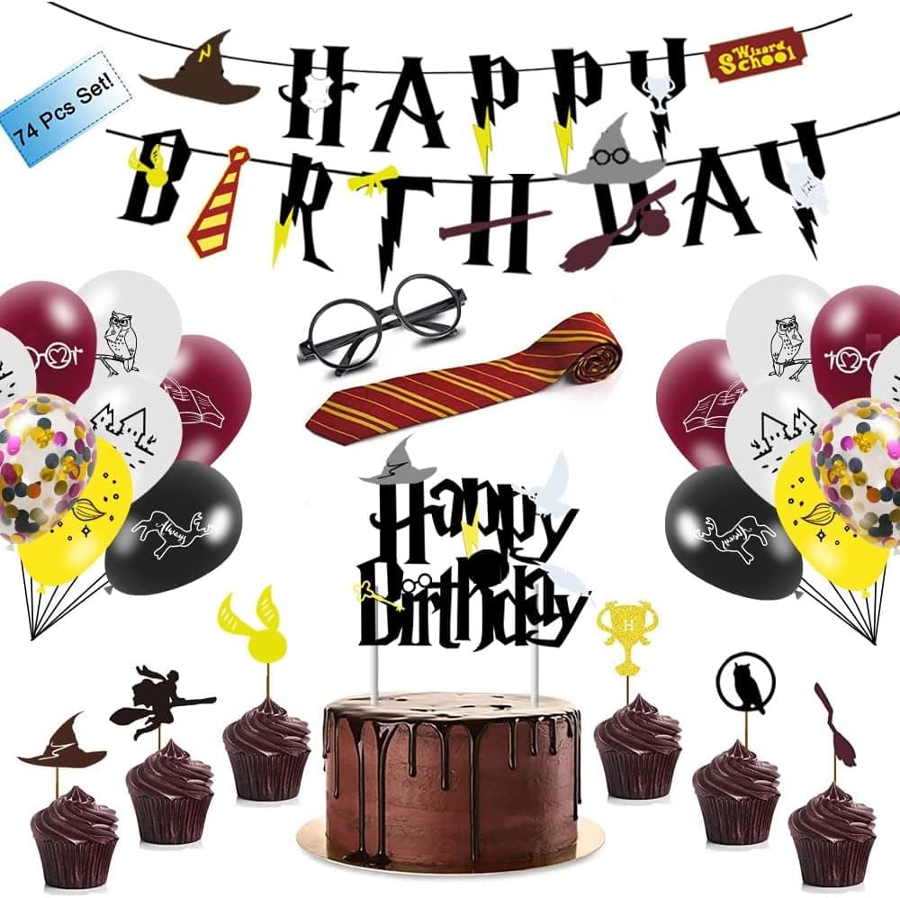 Magical Party Supplies Set Pre-assembly Wizard Happy Birthday Banner, Wizard Glasses, Cake and Cupcake Toppers, Wizard Tie and Balloon for Wizard Party Decorations; 74pcs of Magical Decor Stuff