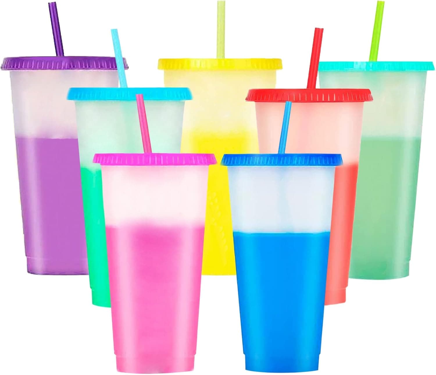 7 PCS Color Changing Cups with Lids and Straws for Adults - Reusable Cups with Lids and Straws Tumblers in Bulk Cold Cups - Plastic Tumblers with Lids and Straw Coffee Cup for Kids - Colored Tumblers