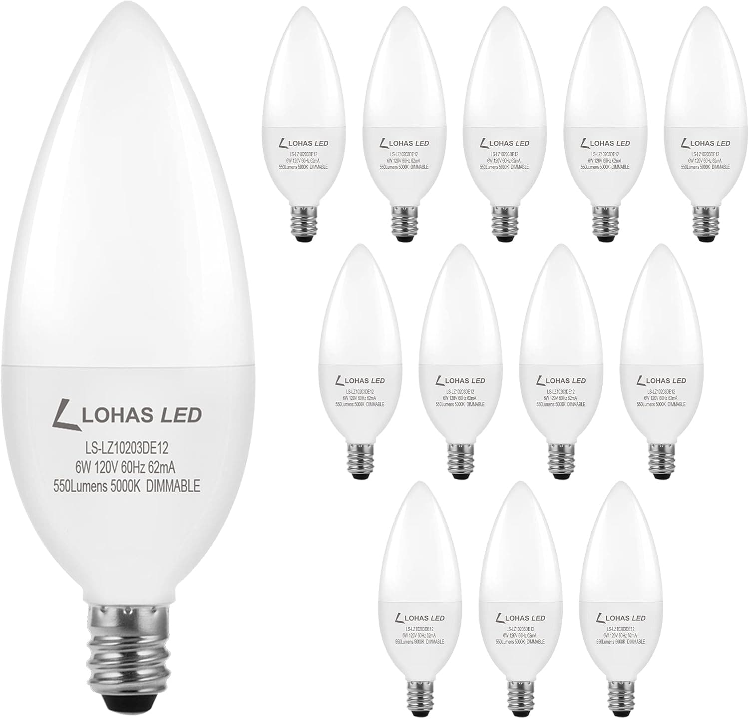 LOHAS E12 Candelabra LED Light Bulbs, 6W, Dimmable LED Bulb, Equivalent 60W Incandescent Bulb, 550LM LED Candle Light Bulbs, 5000K Daylight White, Ceiling Fan Light Bulbs for Office, Home, 12 Pack