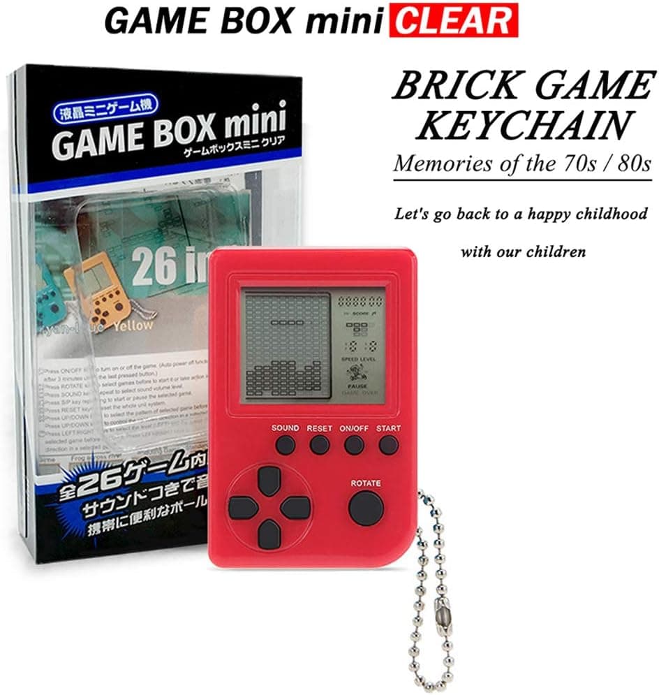 KincoBa Brick Game Keychain,with Hanging Chain,Mini Size,Bright Colors,Built-in 26 Brick Game Matches,Best Birthday Festival Gift for 4-12 Year Children (Red)