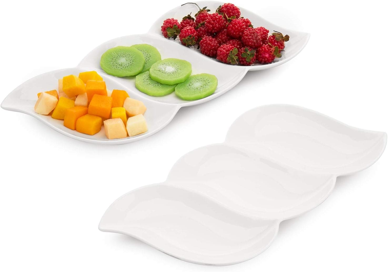 MyGift Set of 2 White Ceramic Relish Tray Appetizer Serving Platter with Wave Design, Divided Snack Tray, Charcuterie, Food, Dessert Platters, 13.5 x 6.5 Inch