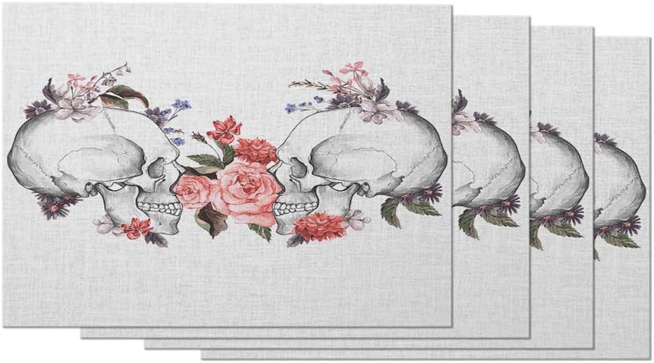 AOYEGO Skull Placemats Floral Couple Sketch Head Bone Leaf Botanical Plant Rose Skeleton Death Placemats for Dining Table Set of 4 Kitchen Cotton Linen 12X18 Inch for Kitchen Home