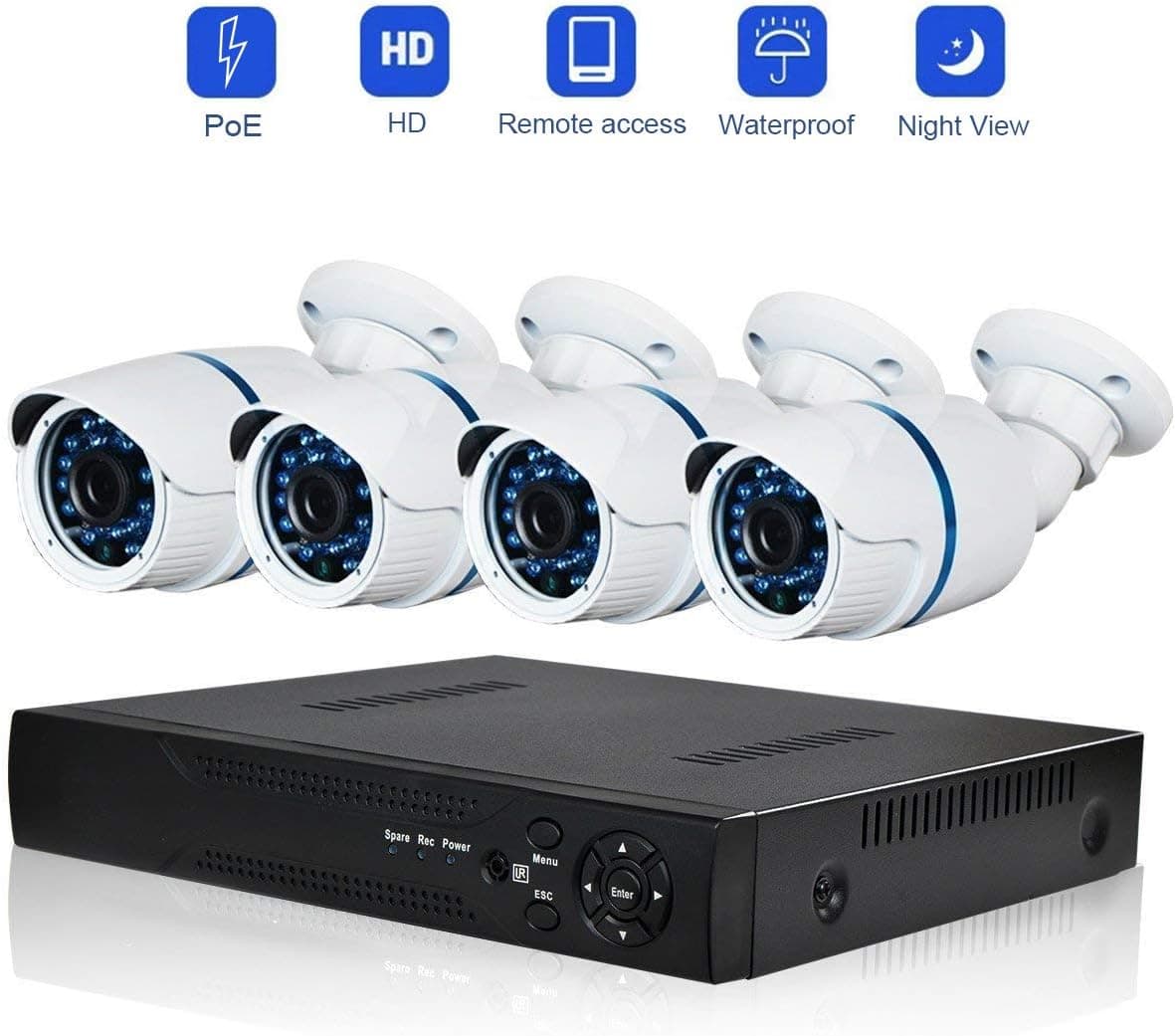 PoE Security Camera System Outdoor Cameras Abowone 4 Channels 1080P PoE NVR and (4) 720P HD Indoor&Outdoor IP66 Weatherproof PoE Security Cameras IR LED Night Vision