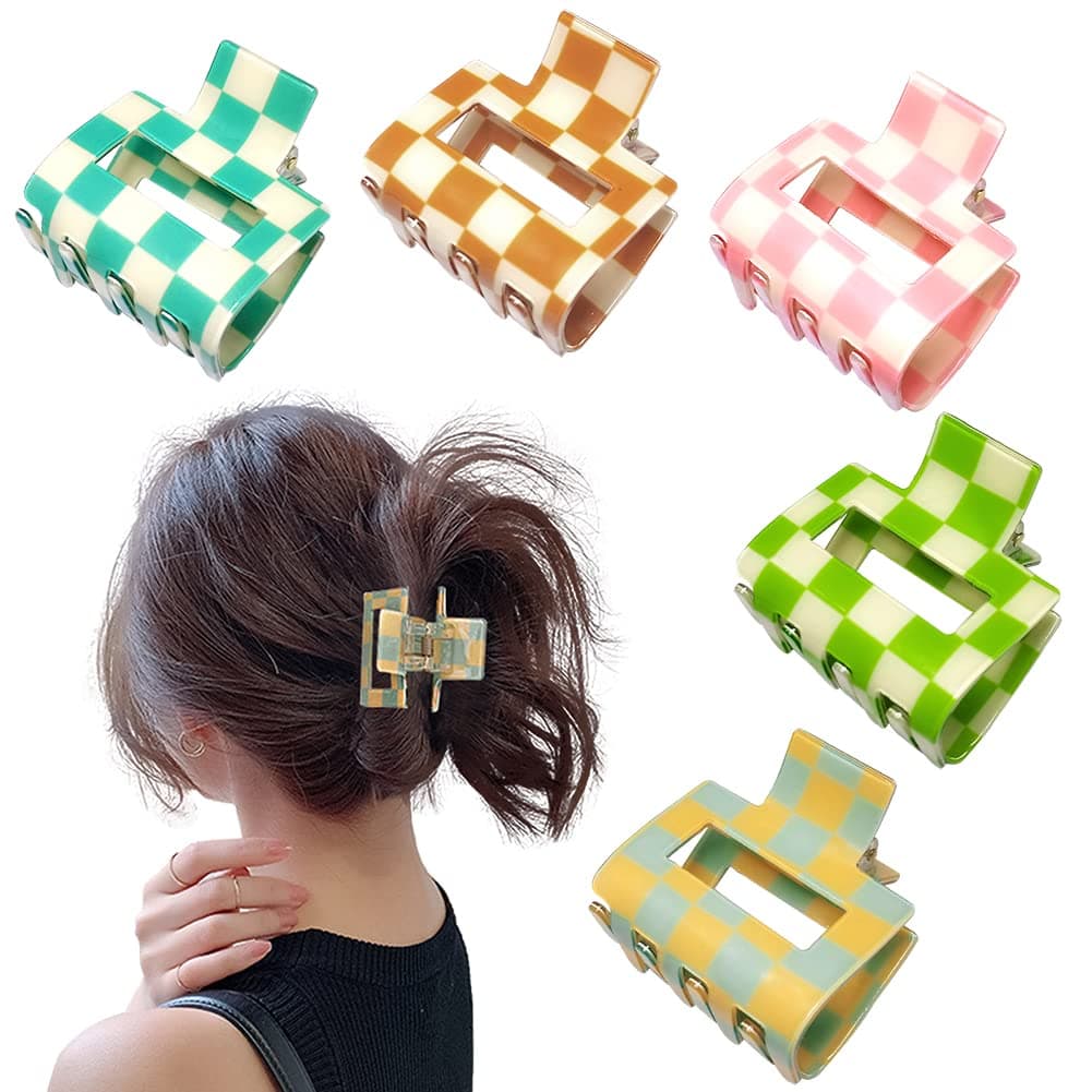 Checkered Claw Clip Acrylic Square Small Hair Claw Clips for Thin Hair 2" Exquisit Shark Clips Aesthetic Barrettes for Women,5PCS