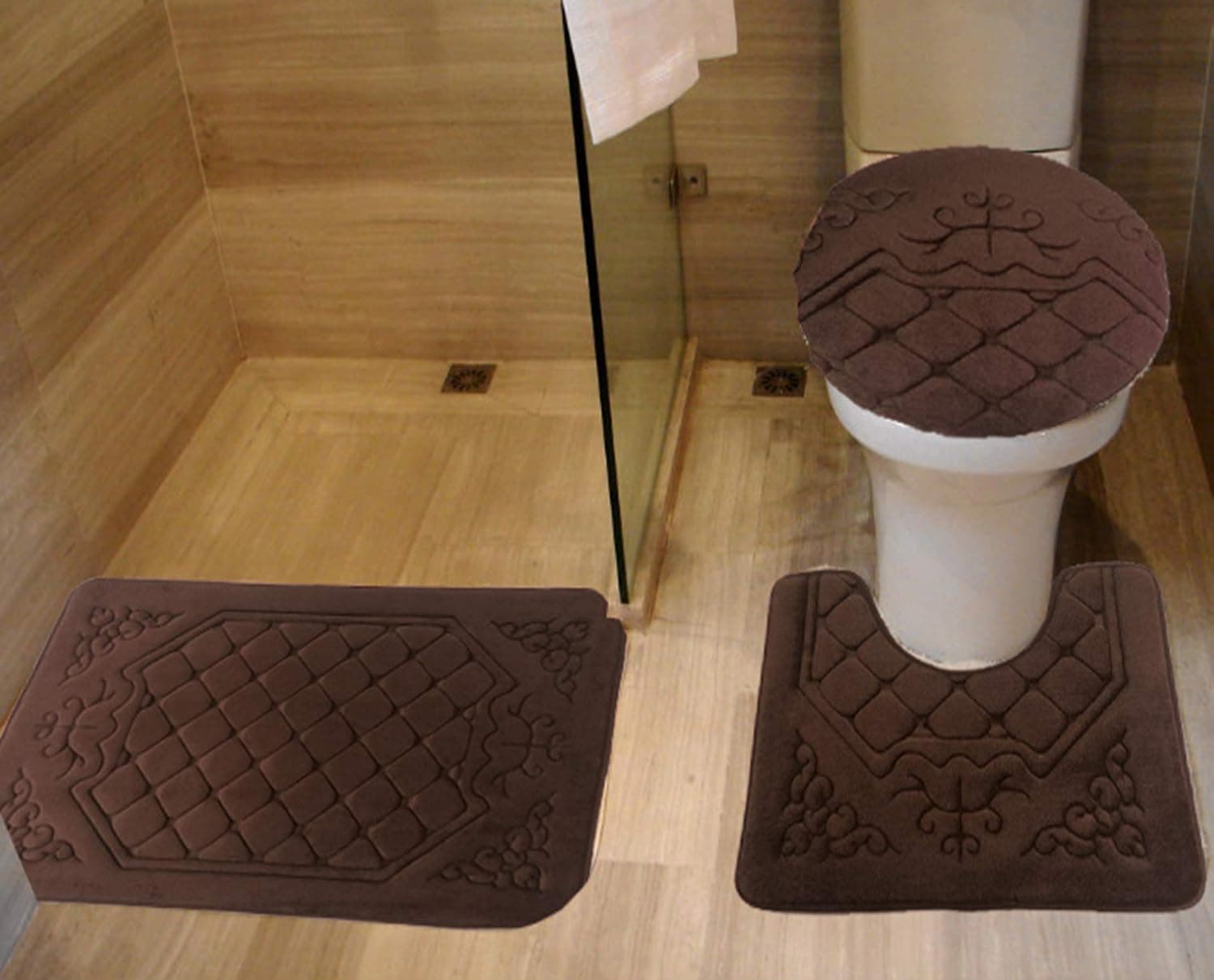 All American Collection 3PC Memory Foam Bath Mats Soft Plush Crown Design Anti-Slip Shower Bathroom Contour Toilet Lid Cover Rugs (Brown)