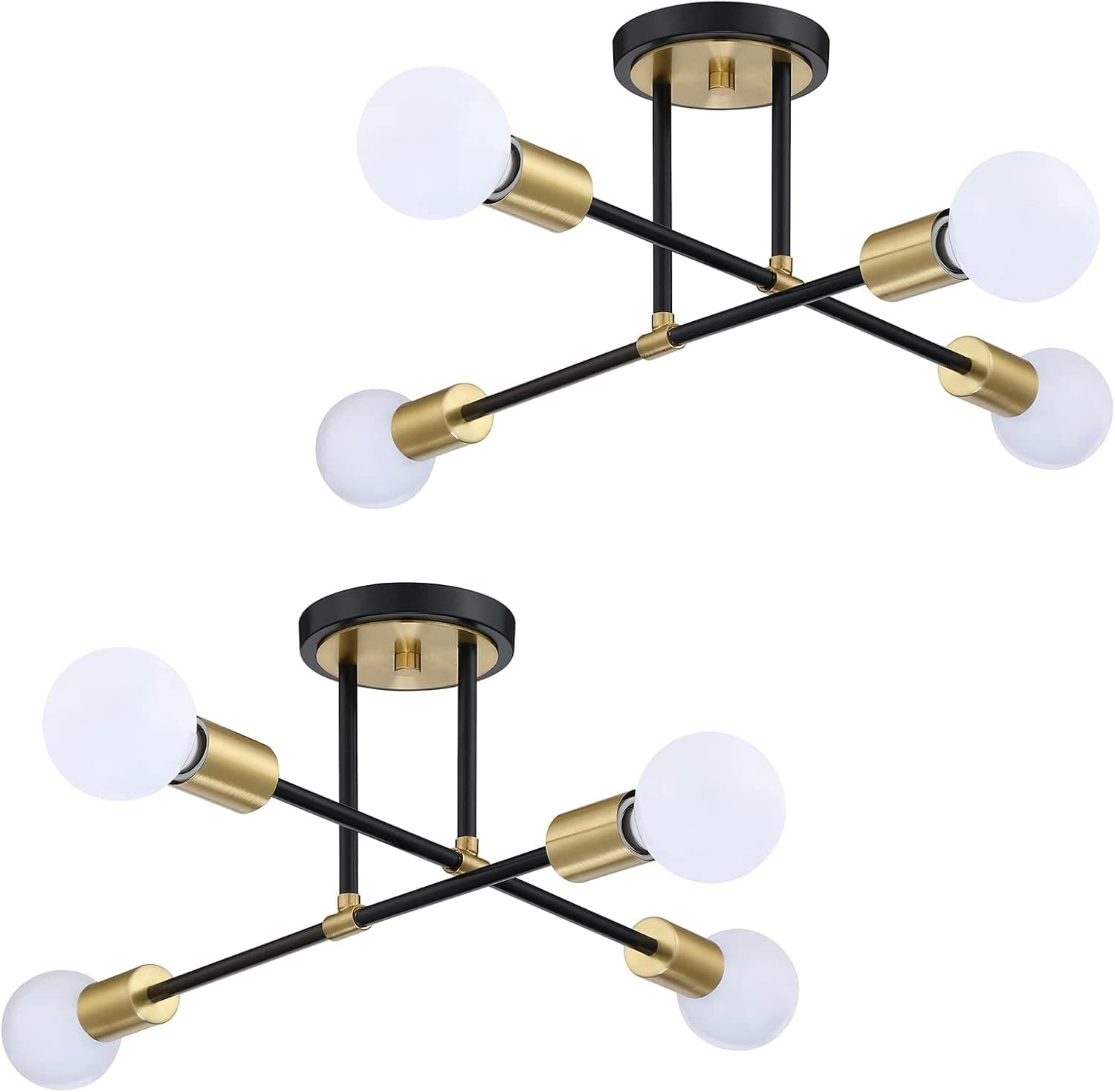 Dolaimi House Farmhouse Modern 2 Pack 4-Light Gold Semi Flush Mount Ceiling Light Fixture Black Finish,Sputnik Chandelier Ceiling Lamp for Kitchen Bedroom Living Room Bathroom Hallway