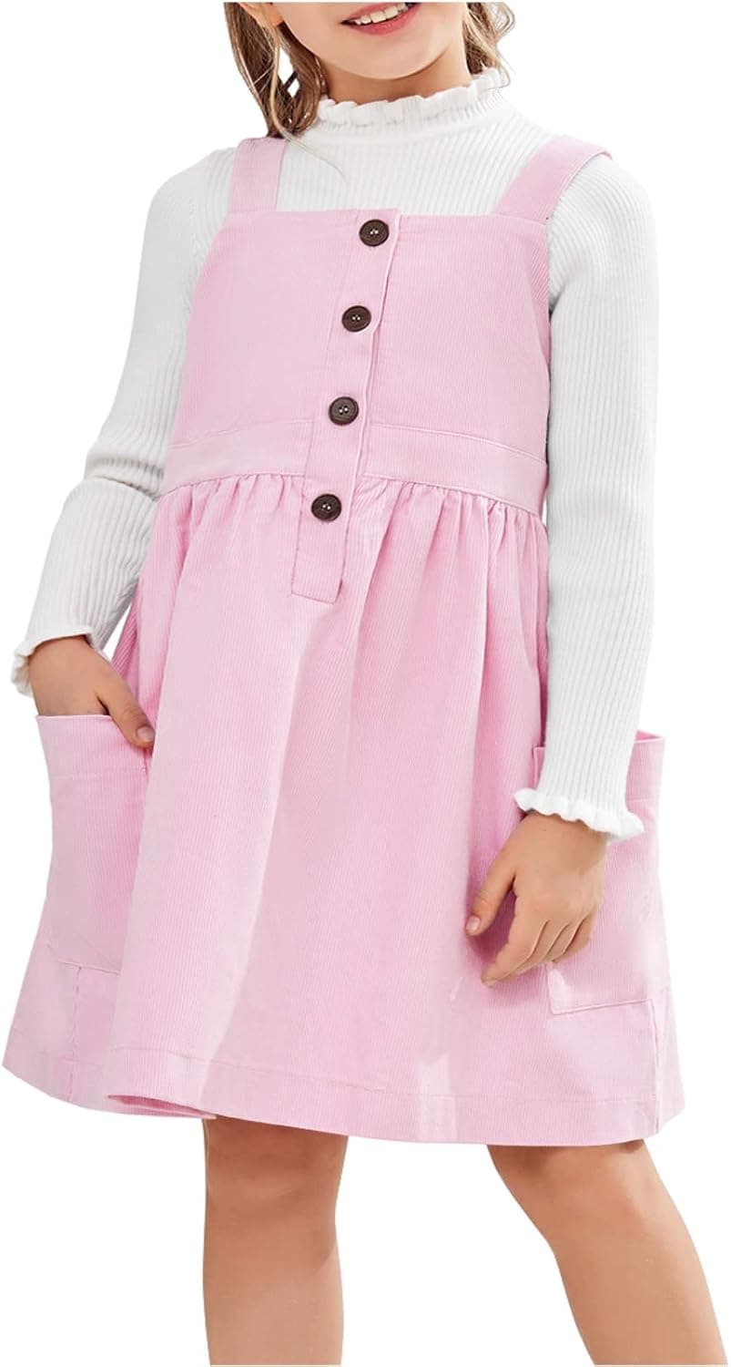 Laseily Girl's Corduroy Overall Dress Button Down Square Neck Pleated Elegant Winter Dresses with Pockets