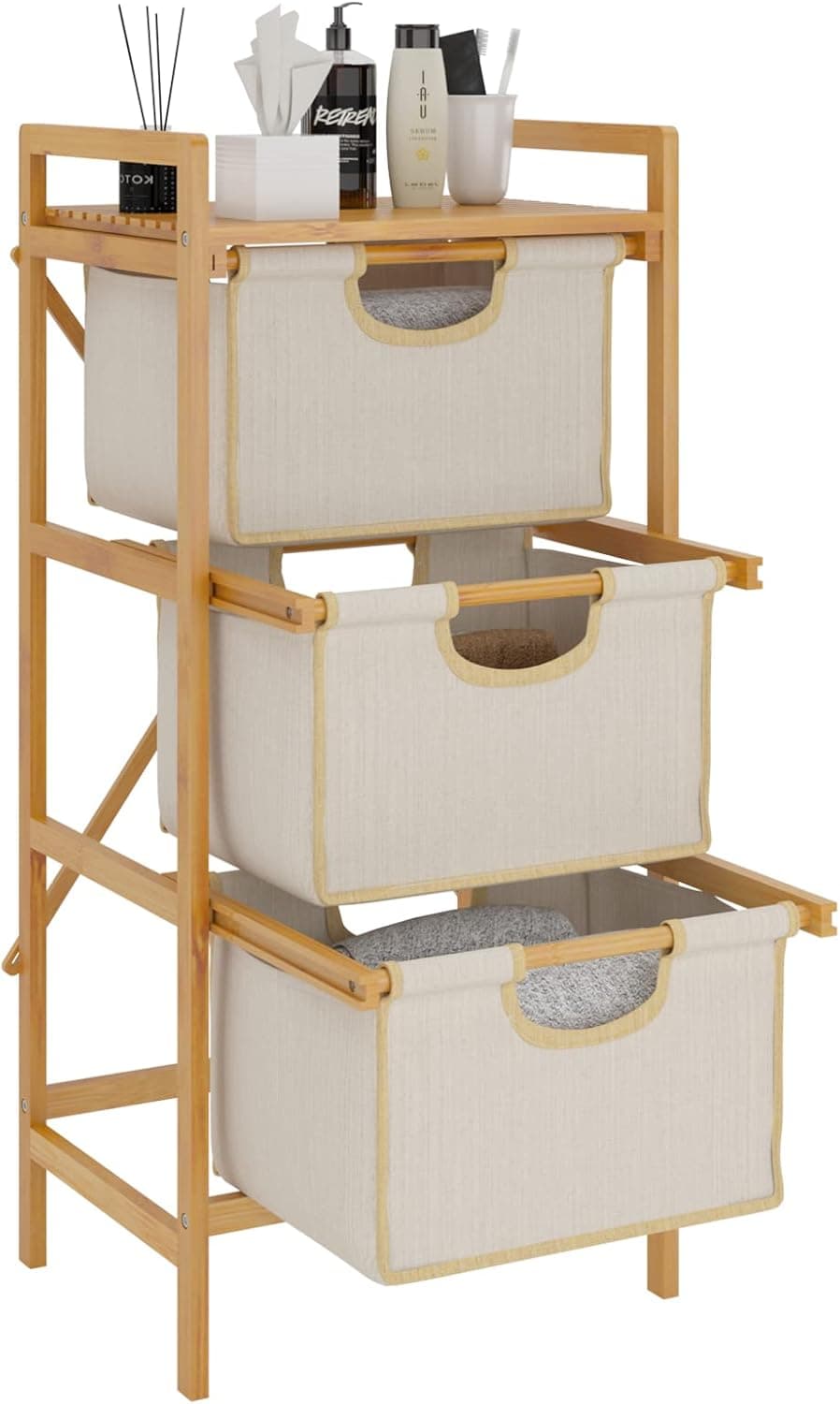 3-Tier Basket Storage Drawers Unit, soges Storage Shelf Hamper Cabinet,Storage Dresser with Pull Out Drawers,Freestanding Bathroom Organizer,Bamboo Wooden Organizer Basket,ZJSJ-LR05BB