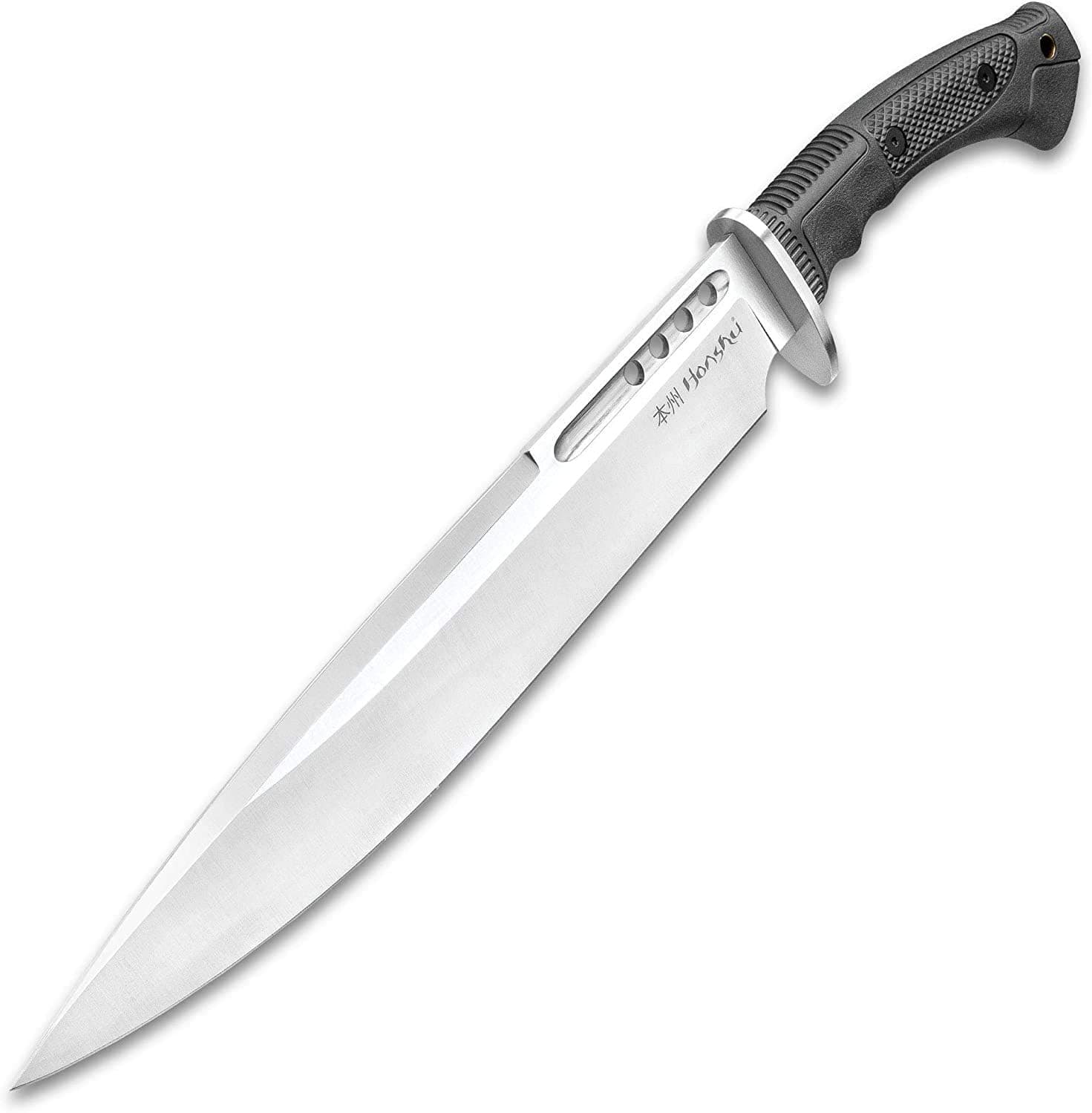 Honshu Boshin Toothpick Knife With Sheath - 7Cr13 Stainless Steel Blade, Contoured TPR Handle, Lanyard Hole - Length 18 3/4"