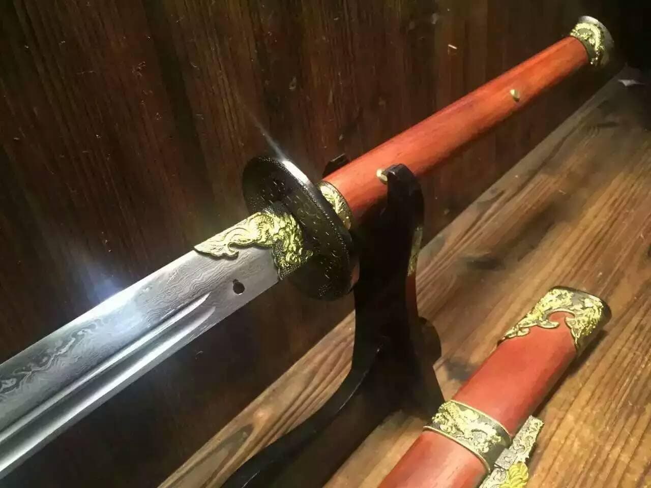 Chinese Sword/Cut Horse Broadsword/Damascus Steel/Redwood Scabbard/Alloy Knife Fitted/Length 42"
